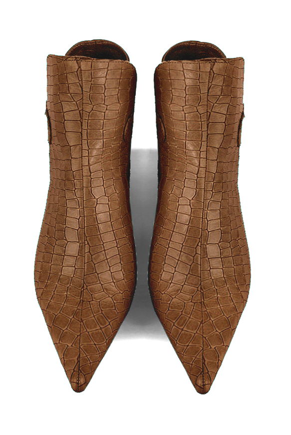 Caramel brown women's ankle boots with buckles at the back. Pointed toe. Medium comma heels. Top view - Florence KOOIJMAN